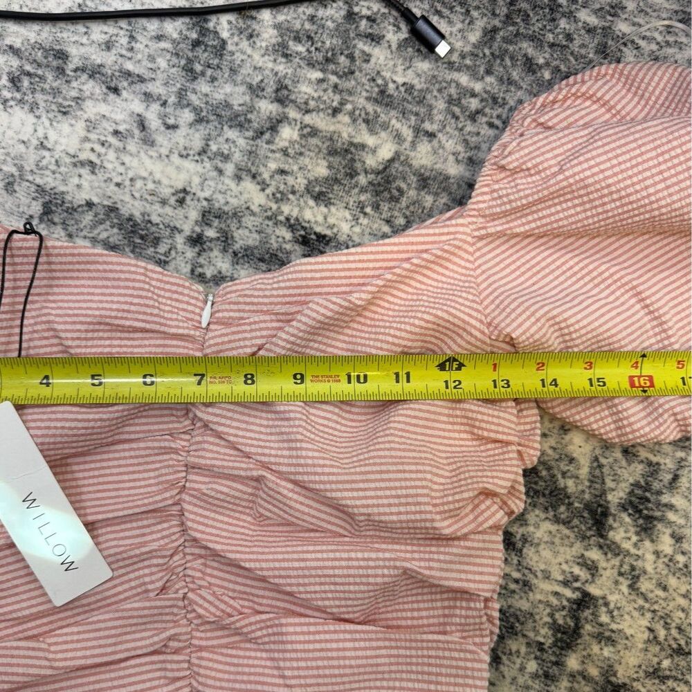 Willow & Clay Pink Seersucker Ruched Puff Sleeve Bodycon Mini Dress Womens M NWT - Picture 9 of 10
